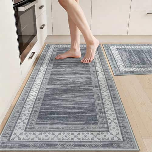 IMIYOKU Kitchen Rugs Sets of 2-Non Slip Kitchen Mats for Floor-Thick Stain Resistant Kitchen Floor Mat Runner Carpet for Hallways Entryway Laundry Room Washable（Grey 50x80cm+50x120cm）