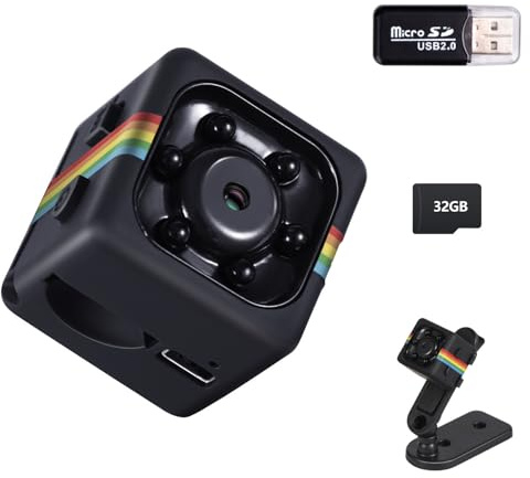 Veralyxa Kabellose Mini-Spionagekamera, Spionagekamera mit 32 GB TF-Karte, 1080P, Überwachungskamera, ohne Internet, mit 360° drehbarer Halterung für Sicherheit innen/außen (schwarz)