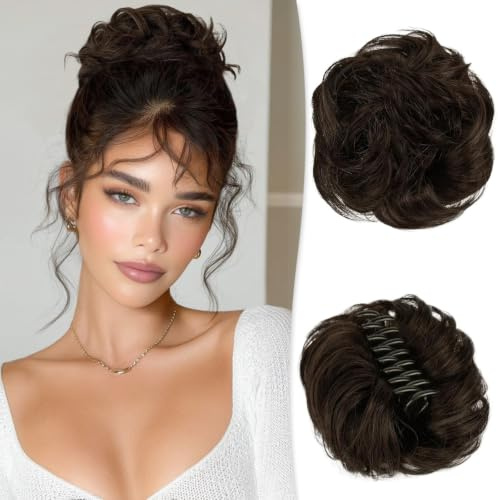 RUWISS Echthaar Dutt mit Klammer, Messy Bun Haarteil Echthaar Dutt für Dünnes Haar Locken Gewellt Haardutt Haarteil Clip für Damen (Dunkelbraun)