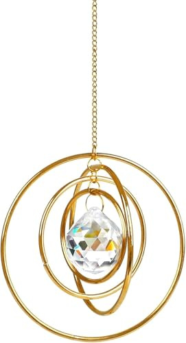 Attrape-soleil en cristal pour fenêtre avec 4 cercles rotatifs en laiton - Style pastoral - Décoration de fenêtre à suspendre - Attrape-soleil - Cristal pour décoration de fenêtre, jardin, salon