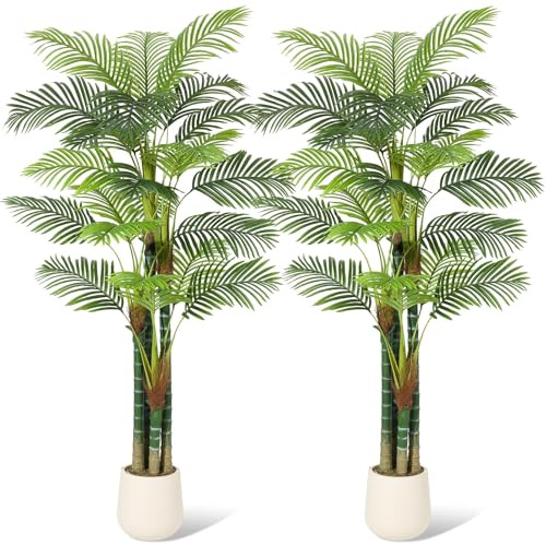 7ft Palm Tree Fake Plant Tall Golden Cane Palm Trees Artificial Plants Faux Plants for Kitchen Yard Indoor Outdoor Home Decor with White Base Set of 2