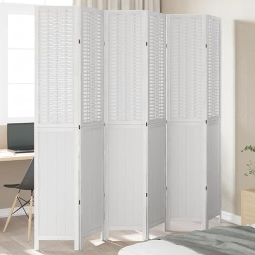 6-TLG. Raumteiler Weiß, Massivholz Paulownia, Bambus, 220 cm Hoch, Faltbarer Sichtschutz für Privatsphäre im Wohnzimmer, Büro, Schlafzimmer