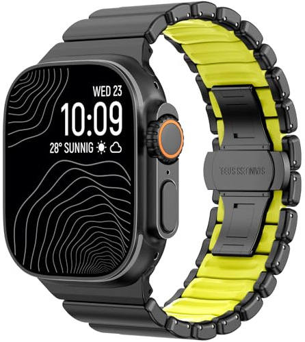 CHANCHY Metallarmband kompatibel mit Apple Watch Ultra 49mm 46mm 45mm 44mm | Metall-Silikon Dual-Layer Gliederarmband für iWatch Ultra 3 2 1/Series 11 10 9 8 7 6 5 4 3 2 1 SE für Damen Herren