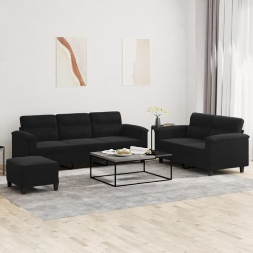 Fangmaliuyun 3-teilige Schwarze Mikrofasergarnitur mit Hocker Modernes Design Robustes Metall-Sperrholz-Gestell 2+3-Sitzer Couchgarnitur for Living Room Bedroom Jugendzimmer
