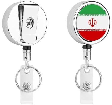 Flag of Iran Cute Retractable Metal ID Badge Holder Reel Clip Keychain for Office Work