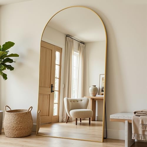 Antok 208x112cm Großer Ganzkörperspiegel, Gewölbter Standspiegel, Bruchsicheres Glas, Bodenspiegel für Wohnzimmer, Ankleide, Lehnende, Wandmontage, Sichere Verpackung, Gold