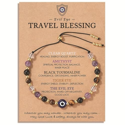 ZENTHRAA Evil Eye Bracelet - Protection Bracelet for Women & Men with 5 Healing Crystals - Adjustable Spiritual Gifts for Women with Meaning Card - Good Luck Bracelet & Travel Gifts for Women