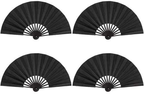 4 st handsolfjädrar Vikbara 10.5 tum (26.7 cm) Bambus Kinesisk handfan tyg Enfärgad handsolfjädra för sommar dans bröllop fest dekoration (Svart)