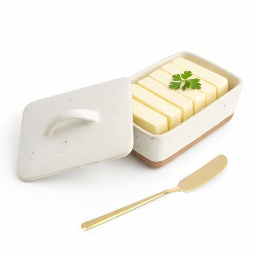 JYYWTSI Mantequillera de cerámica con tapa, 350 ml, porcelana, color blanco, para mantequilla de 250 g, estilo vintage, con asa, recipiente para mantequilla, plato para cocina y mesa