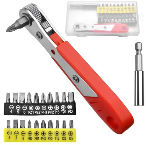 LEONTOOL Juego de mini destornillador de ángulo recto 22 en 1, llave de trinquete reversible de 36 dientes con puntas magnéticas, destornillador de desplazamiento de 90 grados para espacios reducidos