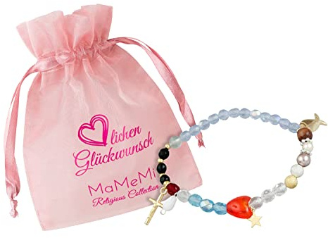 MaMeMi Marienarmband/JESUARMBAND mit SYMBOLEN zum Leben MARIAS bzw JESUS – dehnbares Armband mit Anhängern und Erklärung – Geschenk zur KOMMUNION oder FIRMUNG – inkl. Beutel