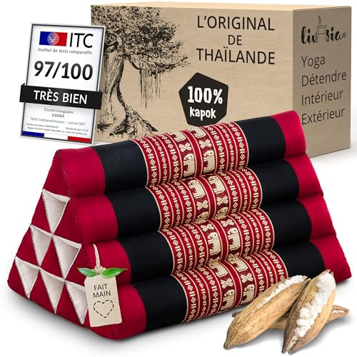 livasia cuscino per la schiena a fantasia - 30x50x30cm - cuscino triangolare per il giardino, cuscino a cuneo con kapok, vegano e fatto a mano (Rosso/Elefanti)