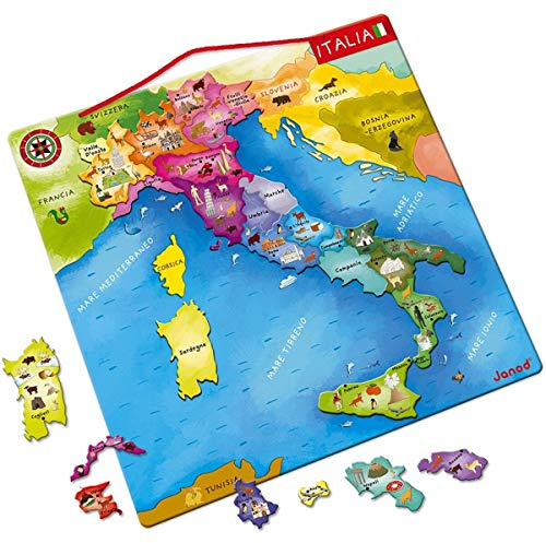 Janod Italienkarte, magnetisch, Puzzle für Kinder aus Holz, 20 magnetische Teile, Entdecken und Merken, Geographie-Lernspiel, ab 7 Jahren, J05488