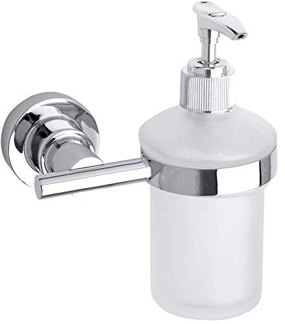 tesa LUUP Seifenspender-Set, satiniertes Glas und verchromter Edelstahl - Flüssigseifenspender zur Wandbefestigung ohne Bohren, inkl. Klebelösung - 125mm x 155mm x 100mm