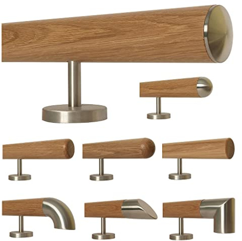 TIBU Eiche Holz Handlauf Geländer 0,3m - 6m, Länge 240 cm, Ende leicht gewölbte Edelstahlkappe und 4 gerade Halter