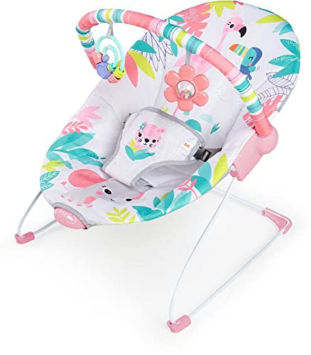 Bright Starts Seggiolino Vibrante Rilassante per Neonati - Barra Giocattoli Rimovibile, Piedini Antiscivolo, 0-6 Mesi Fino a 9 kg (Flamingo Vibes,Rosa)