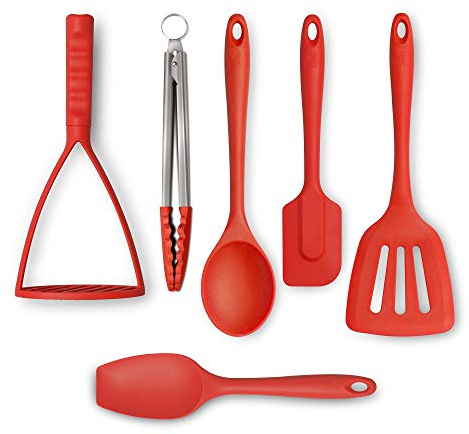 Zeal JSET47R Non-Stick Silicone Tongs, Turner, Spatula, Cooks Spoon, Spatula & Masher 6-Piece Set-Red