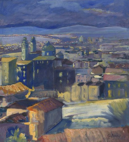 STAMPA-SU-TELA-INCORNICIATA-Zucca-Gianfranco-Cm_101_X_91-Vista-del-centro-storico-di-Cagliari-Paesaggio-urbano,-lilla,-viola,-dal-centro-storico,-le-chiese,-mediterranea-Quadro-su-tela-con-c