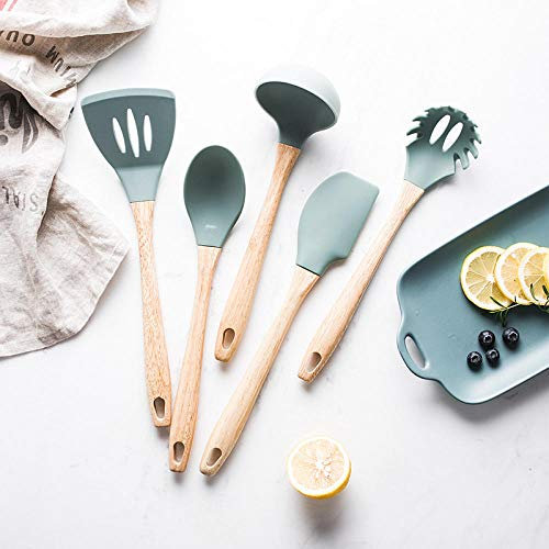 Utensilios De Cocina De Silicona,Utensilios de Cocina de Silicona de Estilo japonés Mango de Madera espátula Antiadherente Cuchara Resistente a Altas temperaturas Set de Utensilios de Cocina para el