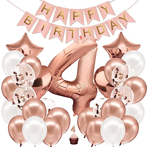 envami® Geburtstagsdeko Mädchen Rosegold Zahl 4. Happy Birthday Deko Geburtstag Mädchen Folienballon 4 Luftballon 4. Geburtstag Kindergeburtstag Deko