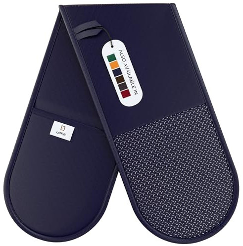 Navy Oven Gloves Double by Laffair® Heat Resistant Oven Gloves Navy Blue Kitchen Accessories - Non-Slip Silicone Grip Oven Mitts