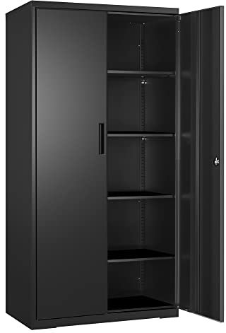 SONGMICS Meuble de Rangement Bureau, en Acier, Placard, 5 Niveaux, 40 x 80 x 180 cm, Doubles Portes, Serrure, Armoire à Outils, Étagères Réglables, pour Garage, Bureau, Noir Mat OMC015B01