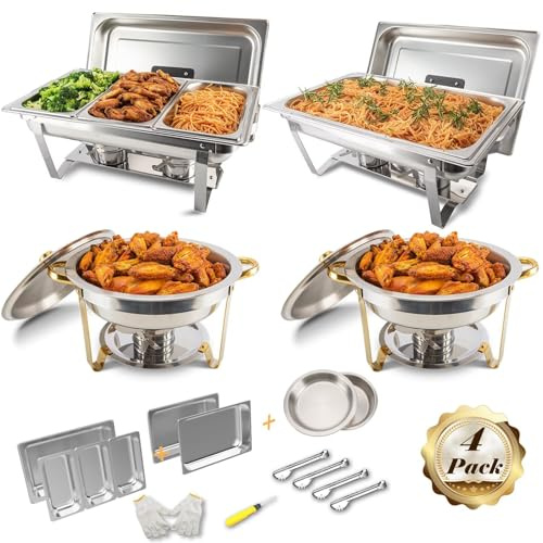 Festa Essential 4 Pack Chafing Dish Buffet Set Stainless Steel 5 QT Round&8 QT Rectangular Chafers Food Warmers with Full,1/3 Rectangular&Round Food Pan,Fuel Holder,Foldable Frame For Catering Events