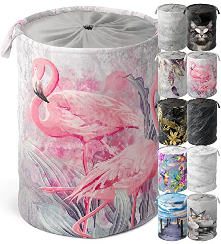 Sanilo Wäschekorb faltbar, stabiler runder Wäschesammler 60 Liter, Wäschesack mit Griffen und Abdeckung (Flamingo)