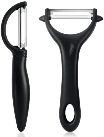 Redamancy Pelapatate Universale, 2 Pezzi Sbucciatore Manuale Professionale, Pela Verdure con Manico Antiscivolo, Lame Rotanti, Lama in Acciaio Inossidabile, Doppio Bordo, Extra Affilato, Nero