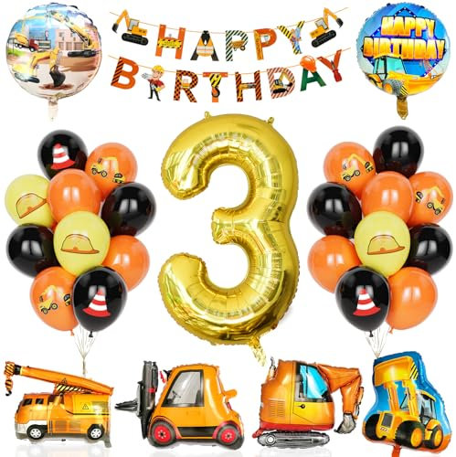 Decoration Anniversaire Chantier 3 Ans, 29Pcs Fournitures Fête Construction Avec Bannière, Ballon Numéro 3 Avec Bulldozer Grue Chariot Élévateur Ballons Pelle Pour Garçons Enfant Fête Construction