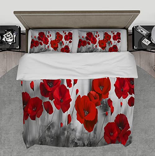 HOBBOY Bettbezug mit rotem Blumenmuster und Reißverschluss 4 Eckbänder 2 Kissenkissen Keine Bettwäsche Graue Bettwäsche Bettbezugssets die ganze Saison 200x220 cm