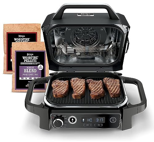 Ninja OG701 Woodfire Grill & Smoker Outdoor 7-in-1 BBQ Smoker, Air Fryer Plus Bake, Roast, Dehydrate & Roast Uses Wood Pellets (1 Pack Included), Portable, Electric, Gray (Renewed)