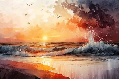 Acryl-Bild 120 x 80 cm: Sonnenaufgang oder Sonnenuntergang am Meer, Strand und Vögeln am Himmel. Aquarell generative KI-Illustration. (201236456)