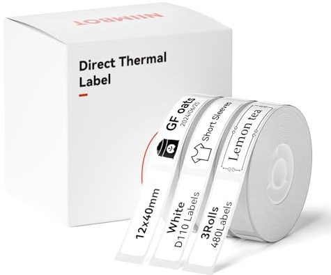 NIIMBOT 3 Rolls Label Maker Tape Thermal Paper 12×40mm Printer Sticker Labeling Tape with Self-Adhesive for D11/D110/D101 Label Maker White