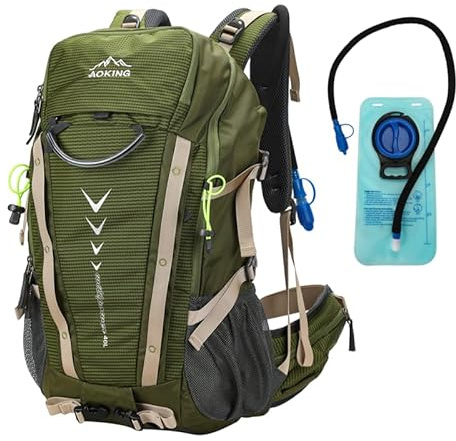 Aoking,mochila para senderismo/escalada,40L,YJN79807 + bolsa de agua de 2 litros,elementos estándar:tablero de malla de flujo de aire extraíble,impermeable,silbato SOS,funda para lluvia