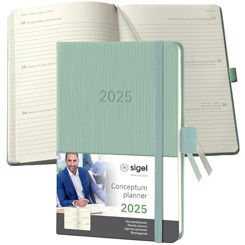 SIGEL C2573 Wochenplaner Wochenkalender 2025, ca. A6, grün, Hardcover, 176 Seiten, Gummiband, Stiftschlaufe, Archivtasche, aus nachhaltigem Papier, Conceptum
