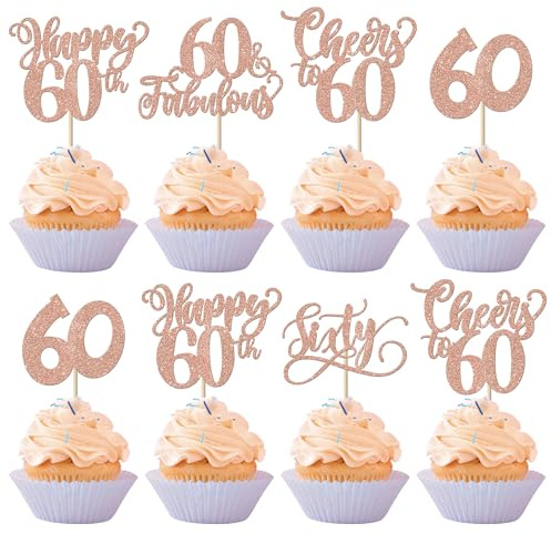 SYKYCTCY 30 Pack 60th Birthday Cupcake Toppers Glitter Sixty Fabulous 60 Cheers to 60 Cupcake Picks Happy 60th Birthday Cupcake Decorations Anniversary Party Supplies Rose Gold