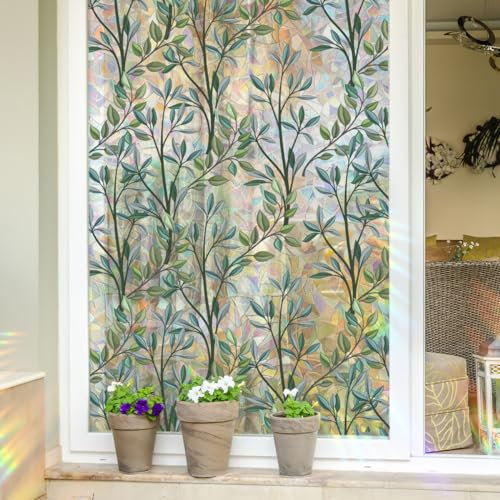 Runtoo Window Privacy Film Rainbow Plant Leaves 3D Decorative Vinyl Stained Glass Window Decals Static Cling Sticker Non-Adhesive, 15.75 x 40 inches