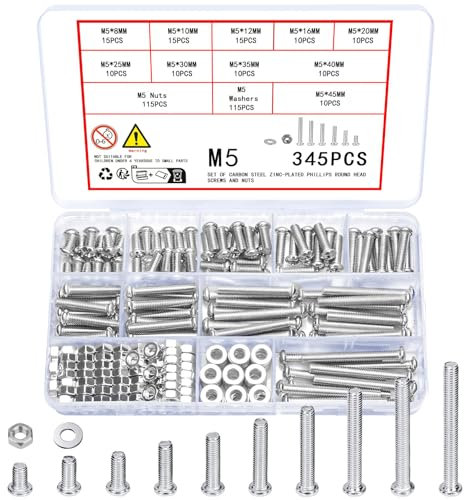 Vwoqiy 345 Pièces M5 Vis Boulons et Écrous et Rondelles Assortiment Kit, Boulons Vis à Tête Cylindrique, Vis à Métaux Cruciforme Galvanisées (argent 345 M5)