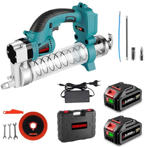 ONEVAN Pompe a Graisse Electrique, 10 000 PSL Pompe à Graisse sans Fil avec 2 Batteries da 3000mAh, Pistolet a Graisse à Batterie sans balais pour graissage d'équipements mécaniques