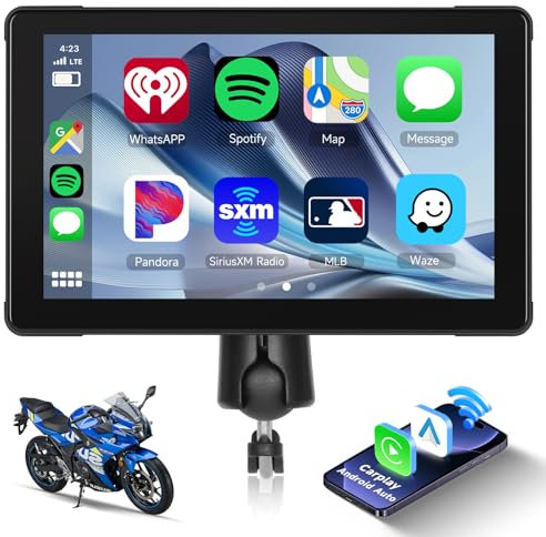 Hodozzy Schermo GPS per Moto CarPlay e Android Auto Wireless, Portatile HD Touch Screen Navigazione Impermeabile da 7 Pollici Schermo con Dual Bluetooth AirPlay Mirror Link EQ,USB/TF Display per Moto