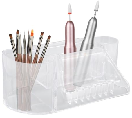 Sonew Nail Drill Holder, Transparent Storage Box for Manicure Tools, Nail Drill Machine Bits Stand Organizer with Multiple Compartments for Nail Care Equipment