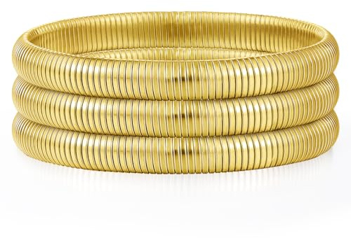 Emibele Armband-Set 3 Stück, 8mm 18 Karat vergoldetes Rostfreier Stahl Armbands Stapelbares Stretch-Armband Elastisches Schlangenketten-Armreif, Einfaches Modisches Stapelarmband für Fraue, Gold
