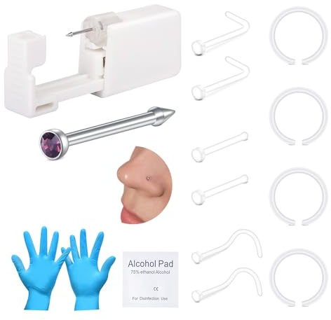 AVYRING Kit de perforación de nariz, pistola de perforación incorporada, variedad de aretes de nariz, kit de autoperforación indoloro con aretes de nariz transparentes de 20 g, pistola de perforación