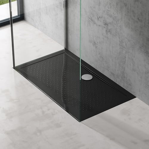 doporro Plato de Ducha Rectangular Antideslizante 70x120x4 cm – Acrílico Negro, Conexiones DIN, Instalación a Ras de Suelo – Lucia02