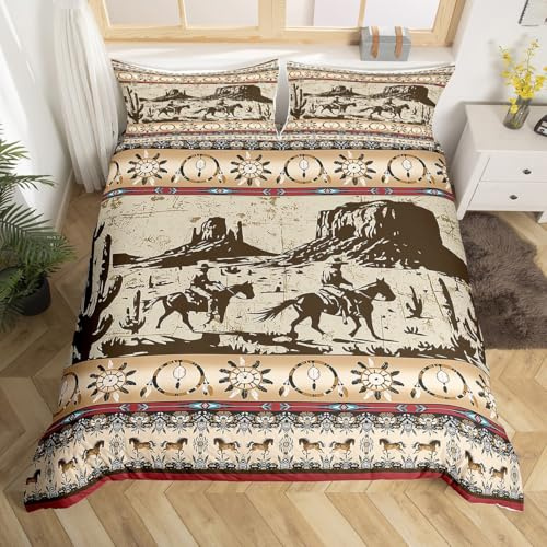 Feelyou Brown Western Bedding Duvet Cover Set Queen Size Horse Cowboy Bedding Set Decor Southwestern Geometric Rustic Western Comforter Cover Set Wild Cowboy Bedspread Cover,No Comforter