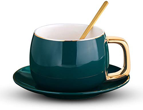Tazza da caffè in Stile Europeo, Tazze da caffè, Tazze da tè con piattino e Cucchiaio, Set Creativo di Lusso con Finiture in Oro, Tazza in Ceramica da Collezione, 9,5 Once, Tazza d