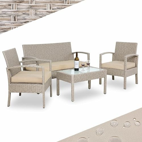 Casaria® Gartenmöbel Set Wetterfest 4 Personen Outdoor inkl. Auflagen Polyrattan 2 Sessel Gartenbank Tisch Garten Terrasse Balkon Möbel Lounge Creme