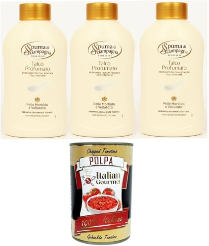 Spuma di Sciampagna Talco Profumato in barattolo Talc parfumé 3 x 200 g + Italian Gourmet Polpa 400 g