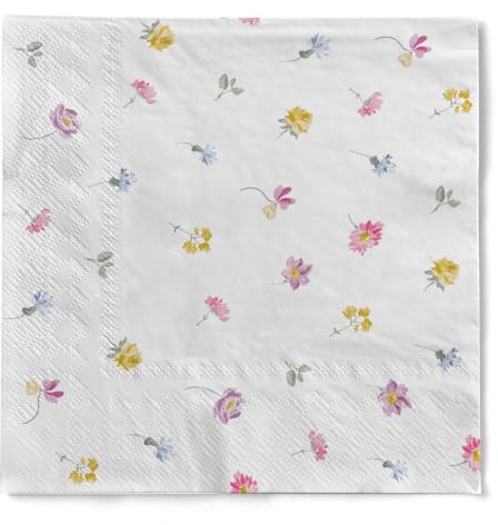 Mank Tissue Serviette Meggi, 3-lagig, 100 Stück – Fröhliches Blumenwiese Design für Frühling & Sommer, Perfekte Tischdekoration für Hochzeiten und Geburtstagsfeiern (33 x 33 cm, 1/4-Falz)